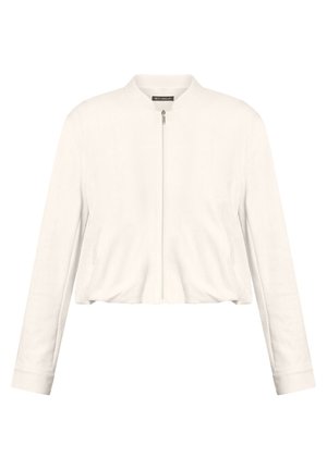 Veste bomber blanche à manches longues avec fermeture éclair à l'avant et petit col, confectionnée dans un tissu léger avec un ourlet légèrement froncé.