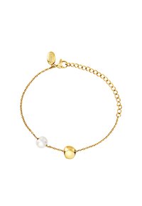 Pulsera de cadena de oro que presenta una perla blanca y una de oro. La cadena es fina y delicada, con un cierre de langosta.
