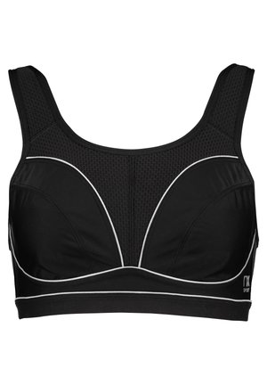 Must svart spordirikk, millel on teksureeritud võrgud ja tahked paneelid, valge aktsentpipiga, laiad rihmad ja diskreetne logo küljel.