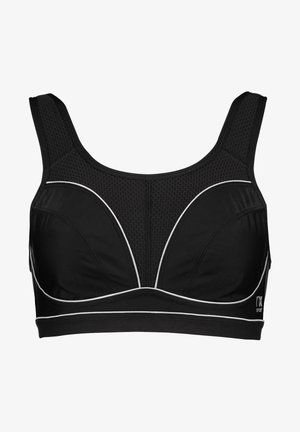 Must svart spordirikk, millel on teksureeritud võrgud ja tahked paneelid, valge aktsentpipiga, laiad rihmad ja diskreetne logo küljel.