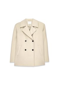 Beige double-breasted coat with wide lapels, four black buttons, and two side pockets, displayed on a white background.