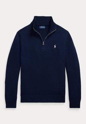 Плетен пуловер Polo Ralph Lauren в тъмносиньо с оребрена яка с къс цип, дълги ръкави и малко бяло лого с кон.