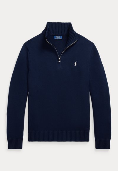 Плетен пуловер Polo Ralph Lauren в тъмносиньо с оребрена яка с къс цип, дълги ръкави и малко бяло лого с кон.