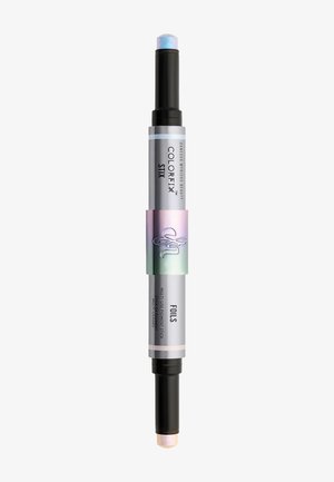 Stick de maquillage double embout avec des caps noirs et des nuances pastel iridescentes à chaque extrémité, étiqueté comme ColorFix Stix Foils stick pigment.