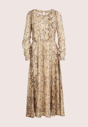 Maxi-Kleid aus leichtem Stoff mit einem tan- und braunfarbigen Schlangenprint. Lange, geraffte Ärmel und eine taillierte Taille mit subtiler Schlüsselaugen-Detailaufnahme auf der Rückseite.