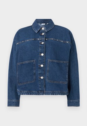 Dark blue denim jacket with button closure, two front pockets, a pointed collar, and visible stitching along the seams.