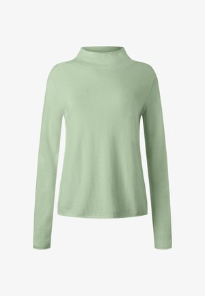Pulóver de manga larga verde claro con cuello alto. Textura suave y lisa con un ajuste relajado. Sin patrones visibles ni detalles metálicos.