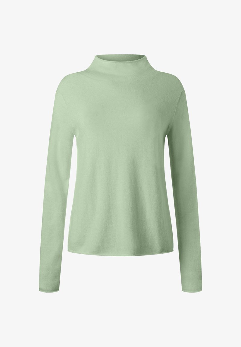 Hellgrüner Pullover mit langen Ärmeln und hohem Kragen. Weiche, glatte Textur und lockere Passform. Keine sichtbaren Muster oder Metallteile.