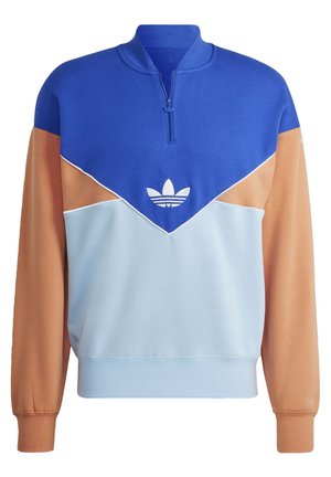 Bluza z długim rękawem i suwakiem do połowy, w kolorach niebieskim, beżowym i jasnoniebieskim, z białym logo trójlistka na piersi.