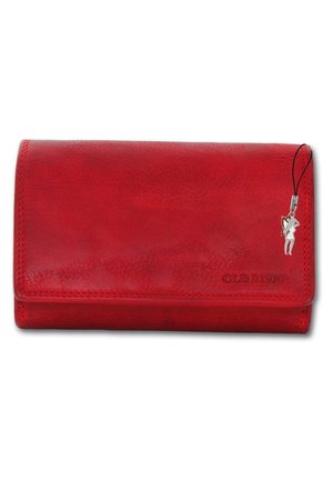 Red leather wallet with a smooth texture, featuring a silver charm and embossed “OLD RIVER” logo. Rectangular shape, fold-over design.