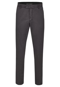 Ciemnoszare bawełniane spodnie z prostymi nogawkami, wyposażone w zapięcie na guzik, szlufki na pasek oraz subtelne detale przeszyć.