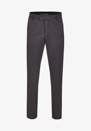 Dark gray cotton trousers with a straight leg design, featuring a button closure, belt loops, and subtle stitching details.