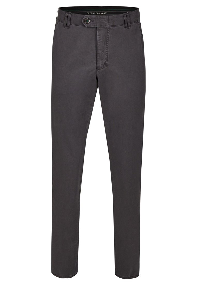 Ciemnoszare bawełniane spodnie z prostymi nogawkami, wyposażone w zapięcie na guzik, szlufki na pasek oraz subtelne detale przeszyć.