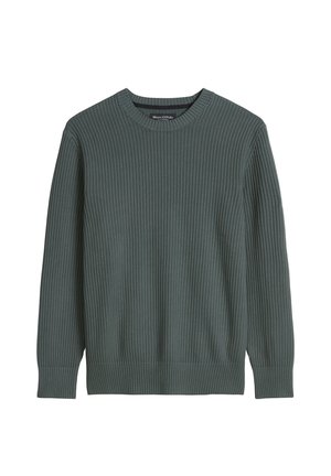 Pull à col rond en maille côtelée vert foncé avec manches longues et ourlet ajusté.