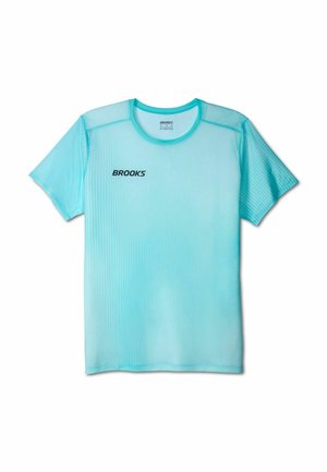 Lyseblå sport T-shirt med korte ærmer, rund hals og "BROOKS" logo på venstre bryst.
