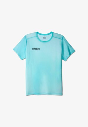 Lyseblå sport T-shirt med korte ærmer, rund hals og "BROOKS" logo på venstre bryst.