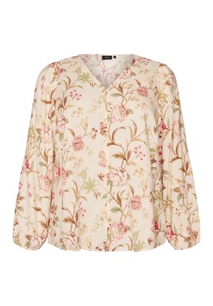 Cremefarvet bluse med lange pufærmer og et blomsterprint i lyserøde, grønne og brune nuancer.