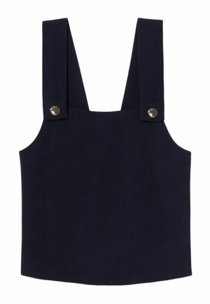 Top sin mangas de color azul marino con tirantes anchos, que presenta botones a presión plateados y una tela texturizada. Corte recto en el dobladillo con un diseño minimalista.