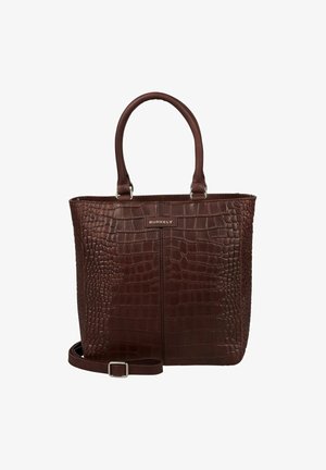 Un sac à main en cuir marron foncé avec une texture crocodile, deux poignées, une bandoulière amovible et une étiquette de la marque "Burkely" à l'avant.