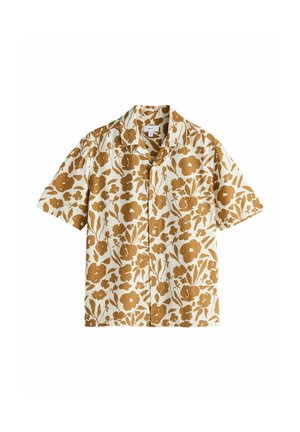 Koszula na krótki rękaw zapinana na guziki, z brązowym kwiatowym wzorem na białym tle, z kołnierzykiem i przednią kieszenią.