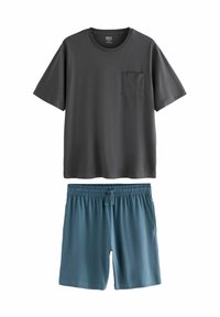 Gray cotton t-shirt with a chest pocket, paired with blue shorts featuring an elastic waistband and drawstring. Soft, smooth fabric.