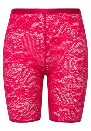 Shorts en dentelle de couleur rose vif avec un motif floral et une texture semi-transparente. Présentent une taille lisse et brillante pour une touche supplémentaire de détail.