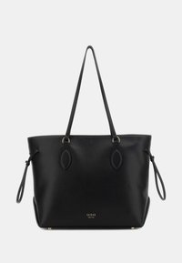 Zwarte leren schoudertas met twee lange hengsels, decoratieve ovale accenten en gouden branding. Gladde textuur met een ruime indeling en minimale hardware.