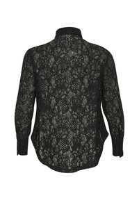 Zwarte kanten blouse met lange mouwen en een kraag. Heeft ingewikkelde bloemenpatronen en een textuur die semi-transparant is.
