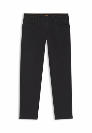 Jean noir à jambes droites avec cinq poches, passants pour ceinture et fermeture par bouton, posé à plat sur un fond blanc.