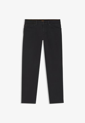 Jean noir à jambes droites avec cinq poches, passants pour ceinture et fermeture par bouton, posé à plat sur un fond blanc.