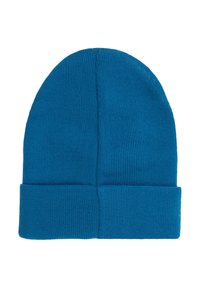 Niebieska dziana czapka beanie z prążkowaną teksturą, złożonym mankietem i zaokrąglonym wierzchem. Materiał wydaje się miękki i elastyczny.