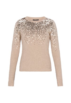 Beige žebrovaný svetr s dlouhými rukávy a gradientem stříbrných flitrů na horním předním díle, který dodává texturu a třpyt.