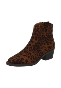 Brown ankle boot with black leopard print, low block heel, pointed toe, and side zipper closure.