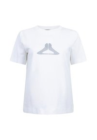 Witte katoenen t-shirt met korte mouwen, met een zilveren hanger grafiek in het midden. Eenvoudig ontwerp met een rechte snit en ronde hals.