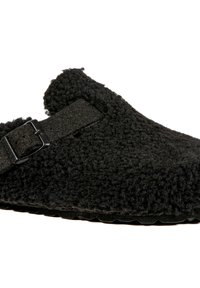 Chausson en feutre noir avec une surface texturée, une sangle réglable et une semelle intérieure rembourrée. Présente une forme arrondie et une semelle en caoutchouc.