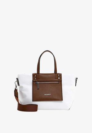 White tote bag with brown faux leather accents, top handles, and a removable shoulder strap. Features a zippered front pocket and silver hardware.