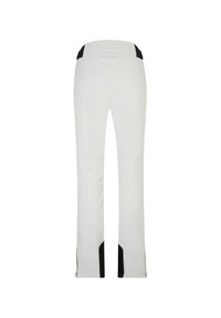 Pantalones de esquí blancos con una cintura texturizada negra y acentos laterales. Presenta cremalleras en los tobillos para un ajuste y ventilación ajustados.