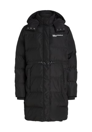 Black long padded winter coat with a detachable hood, front pockets, drawstring waist, and "Karl Lagerfeld Jeans" logo on the chest.
