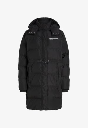 Svart, lang, polstret vinterjakke med avtakbar hette, frontlommer, snøring i livet og "Karl Lagerfeld Jeans"-logo på brystet.