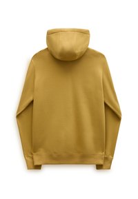 Sweat à capuche doux, jaune moutarde, avec une capuche arrondie, des manches longues, et un design simple sans logos ni motifs visibles.