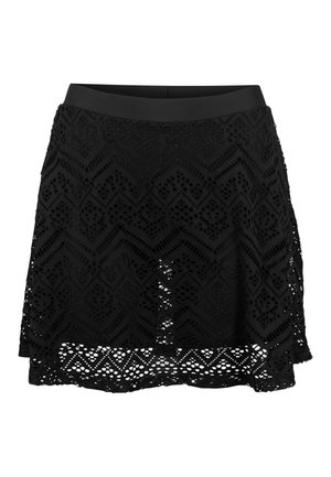 Jupe en dentelle noire avec un motif en zigzag, texture semi-transparent, et taille solide. Forme évasée avec un aspect superposé.