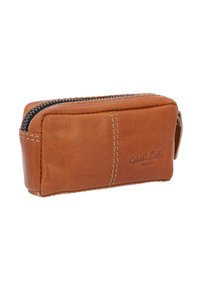 Brown leather pouch with a zip closure, featuring stitched detailing and embossed logo. Smooth texture and rectangular shape.