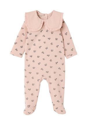 Rosa Baby-Strampler mit langen Ärmeln, Blumenmuster, großem Rüschkragen und integrierten Fußabdeckungen.