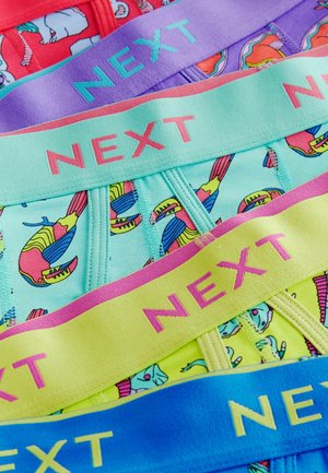 Des sous-vêtements colorés en paires, avec un tissu à motifs présentant des animaux et des ceintures éclatantes étiquetées "NEXT" dans des couleurs contrastées.