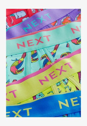 Des sous-vêtements colorés en paires, avec un tissu à motifs présentant des animaux et des ceintures éclatantes étiquetées "NEXT" dans des couleurs contrastées.