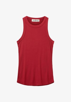 Canotta rossa a coste con scollatura rotonda e spalline larghe, realizzata in un tessuto morbido, caratterizzata da un colore uniforme senza motivi.