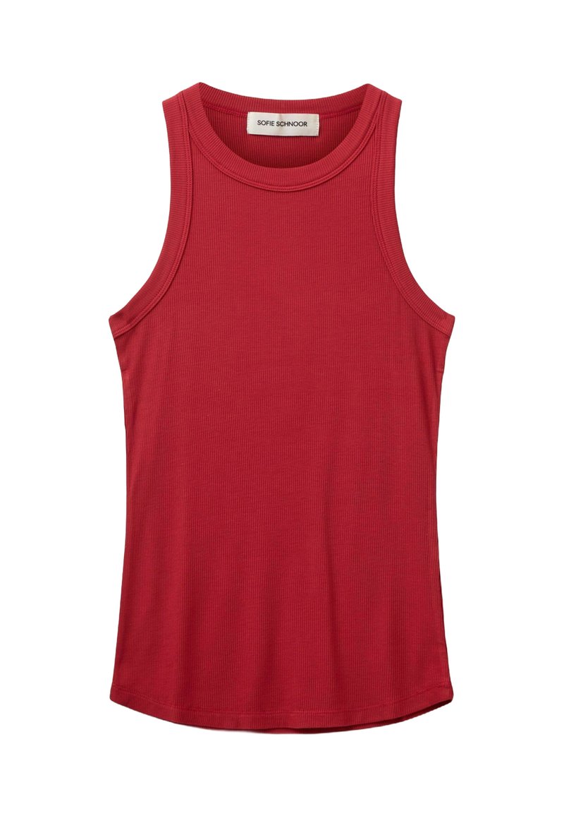 Punane ribaga särk ümmarguse kaelusega ja laiade õlavarredega, valmistatud pehmest kangast, millel on ühtlane värv ja ilma mustriteta.