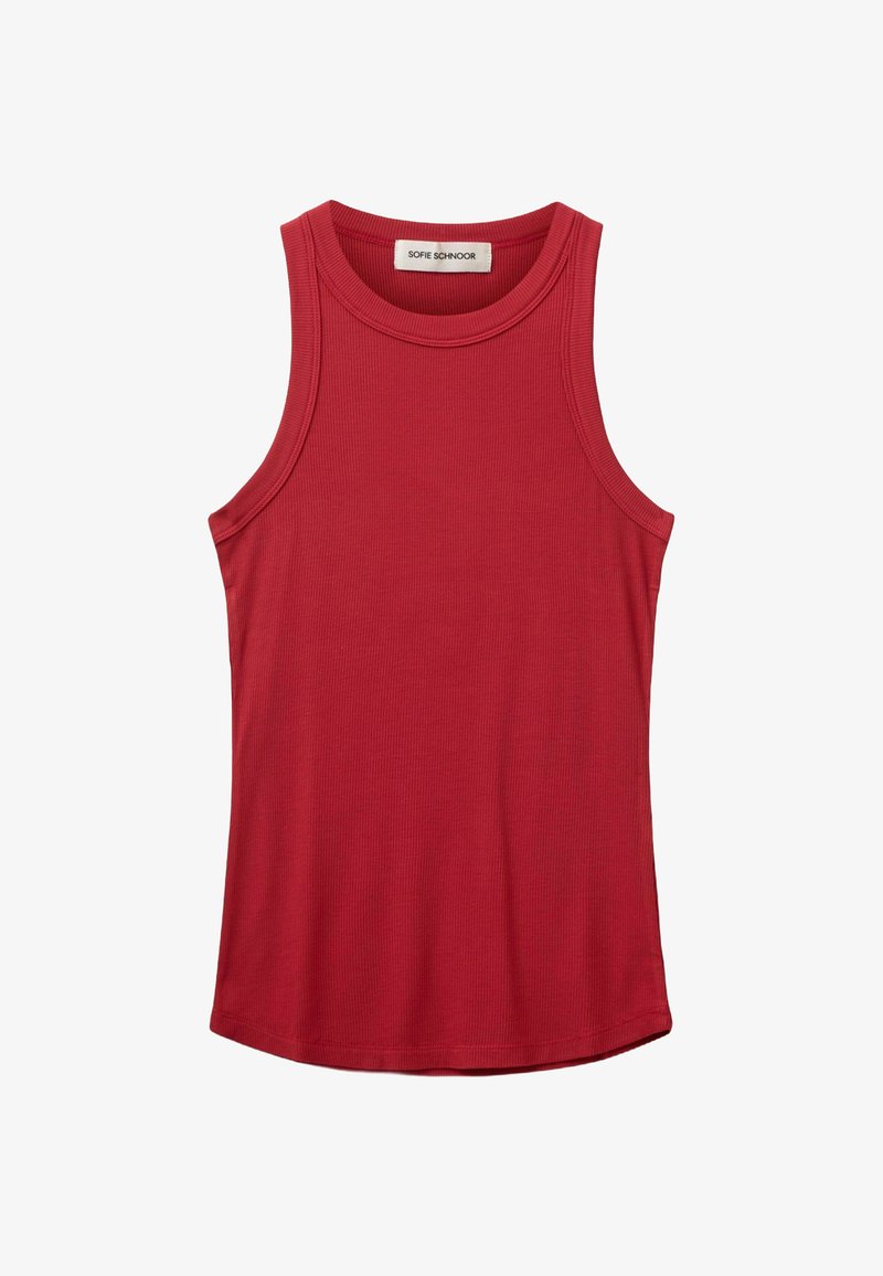 Punane ribaga särk ümmarguse kaelusega ja laiade õlavarredega, valmistatud pehmest kangast, millel on ühtlane värv ja ilma mustriteta.