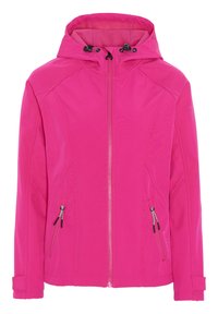 Pink softshell jacket with a hood, front zipper, two side zip pockets, adjustable cuffs, and smooth texture. Features reflective accents.