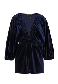 Tengerészkék bársony kezeslábas mély V-nyakkivágással, a nyakkivág�ás és a derék mentén ráncolt részletekkel, valamint hosszú balonujjakkal. Sima textúra.